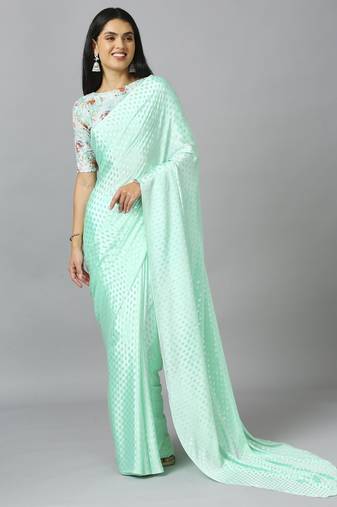 Light turquoise chiffon resham embroidery party wear designer saree