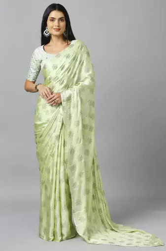 Lime chiffon resham embroidery party wear designer saree