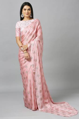 Light pink chiffon resham embroidery party wear designer saree