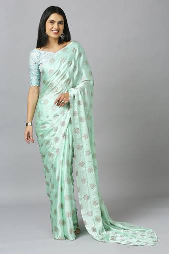 Turquoise chiffon resham embroidery party wear designer saree