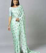 Turquoise chiffon resham embroidery party wear designer saree