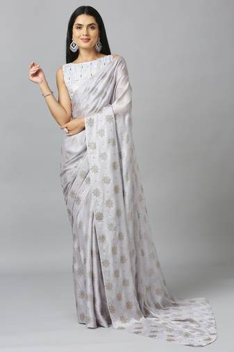 Grey chiffon resham embroidery party wear designer saree