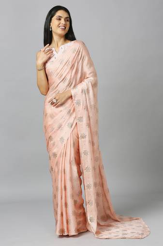 Light peach chiffon resham embroidery party wear designer saree