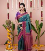 Teal dual zari motifs & contrast zari pallu saree