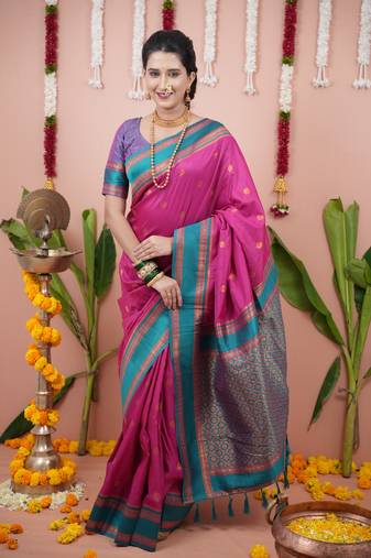 Pink dual zari motifs & contrast zari pallu saree