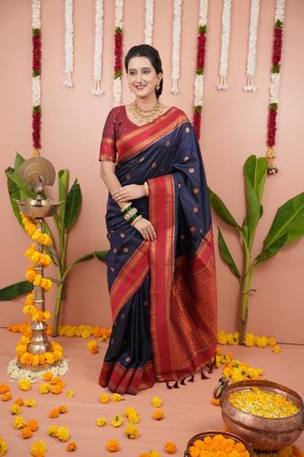 Navy blue dual zari motifs & contrast zari pallu saree