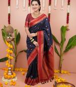 Navy blue dual zari motifs & contrast zari pallu saree