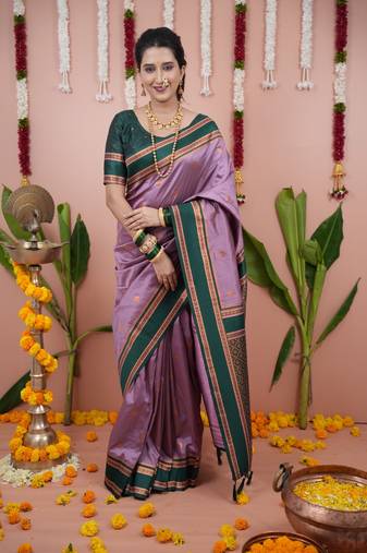 Mauve dual zari motifs & contrast zari pallu saree