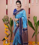 Sky blue dual zari motifs & contrast zari pallu saree
