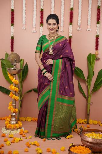 Burgundy dual zari motifs & contrast zari pallu saree