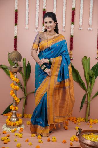 Blue dual zari motifs & contrast zari pallu saree
