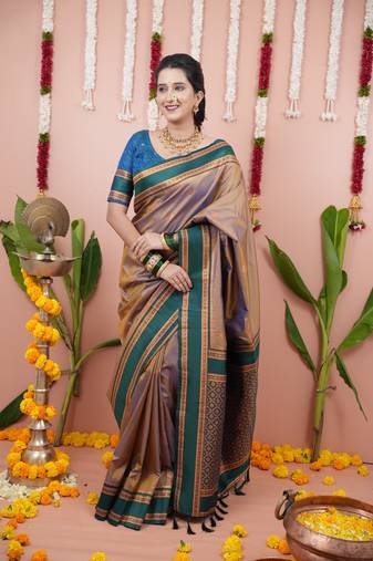 Beige dual zari motifs & contrast zari pallu saree