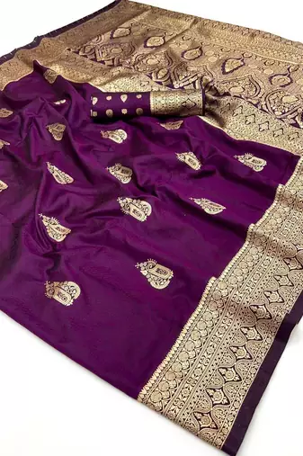 Dark purple two tone handloom weaving silk blend saree with contrast pallu 