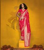 Red two tone handloom weaving silk blend saree with contrast pallu 
