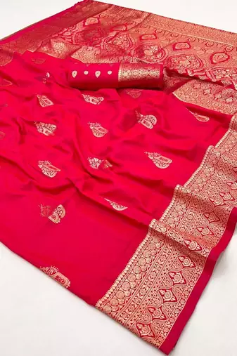 Red two tone handloom weaving silk blend saree with contrast pallu 
