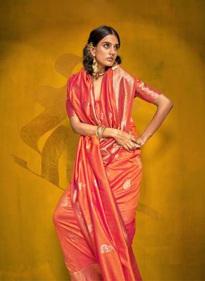 Orange two tone handloom weaving silk blend saree with contrast pallu  1
