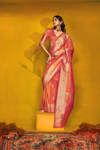 Orange two tone handloom weaving silk blend saree with contrast pallu 