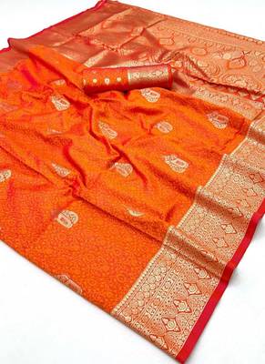 Orange two tone handloom weaving silk blend saree with contrast pallu  3