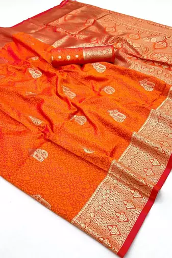 Orange two tone handloom weaving silk blend saree with contrast pallu 