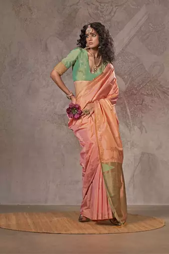 Peach two tone handloom weaving Silk blend saree with contrast pallu 