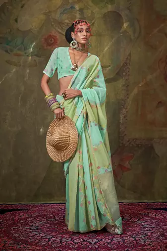 Turquoise & pista cotton silk with tussles on pallu rangkaat weaving saree