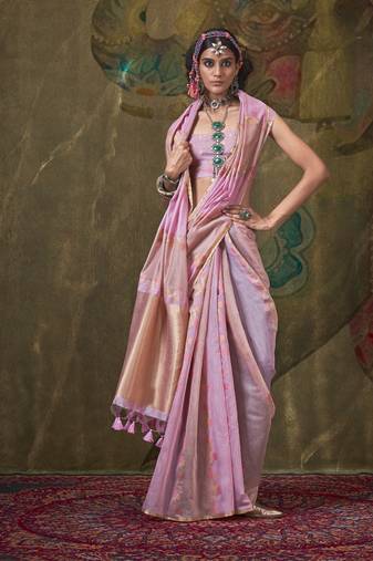 Baby pink cotton silk with tussles on pallu rangkaat weaving saree