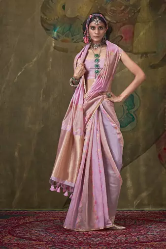 Baby pink cotton silk with tussles on pallu rangkaat weaving saree