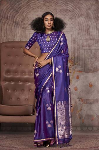 Purple pure satin handloom weaving silk Blend saree