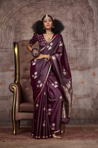 Maroon pure satin handloom weaving silk Blend saree