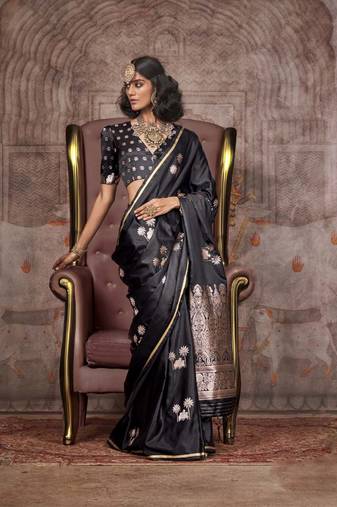 Black pure satin handloom weaving silk Blend saree