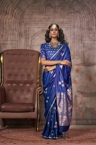 Blue pure satin handloom weaving silk Blend saree