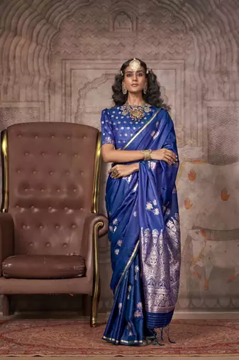 Blue pure satin handloom weaving silk Blend saree