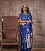Blue pure satin handloom weaving silk Blend saree