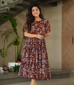 Brown georgette floral printed fully flared gown
