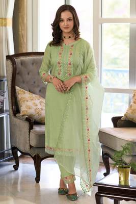 Pista green thread embroidery cotton straight pant- free size stitched(size upto 42") 1