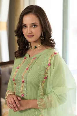 Pista green thread embroidery cotton straight pant- free size stitched(size upto 42") 2