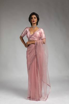 ready made pink designer net saree 1