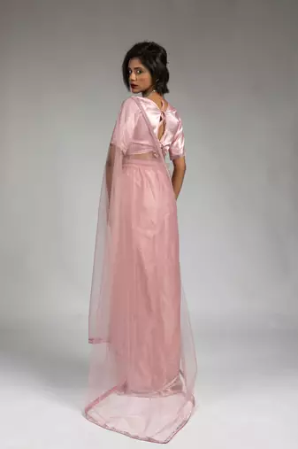 ready made pink designer net saree