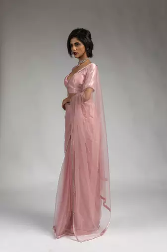 ready made pink designer net saree