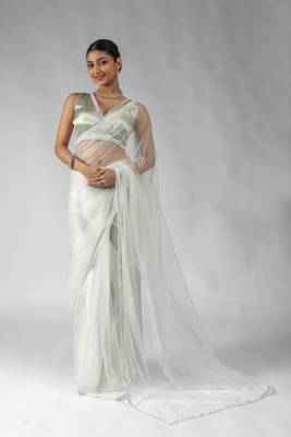 pre-stitched white designer net saree 1