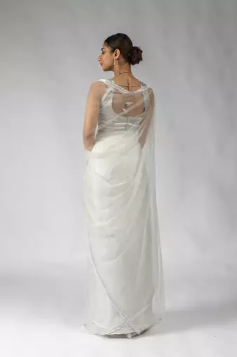 pre-stitched white designer net saree
