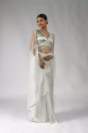 pre-stitched white designer net saree