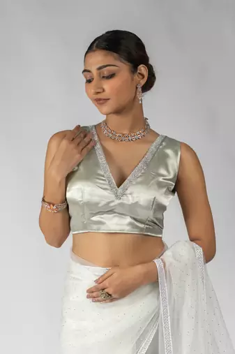 pre-stitched white designer net saree