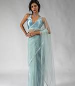 ready to wear sky blue designer net saree