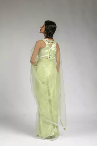 ready made pista green designer net saree