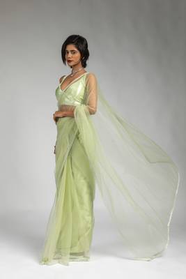 ready made pista green designer net saree 4