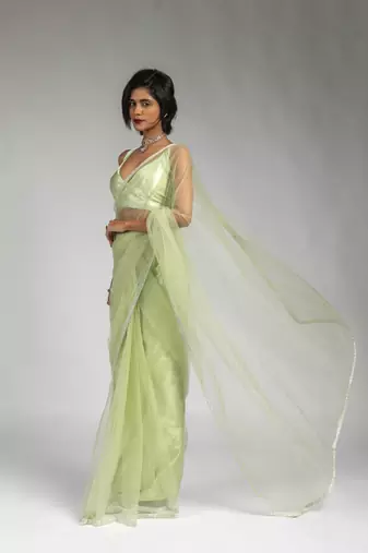 ready made pista green designer net saree