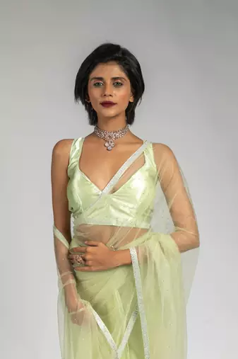 ready made pista green designer net saree