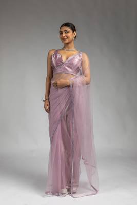 pre draped lavender designer net saree 1