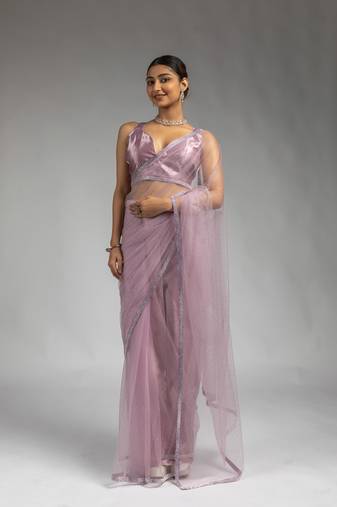 Lavender designer net pre stitch saree